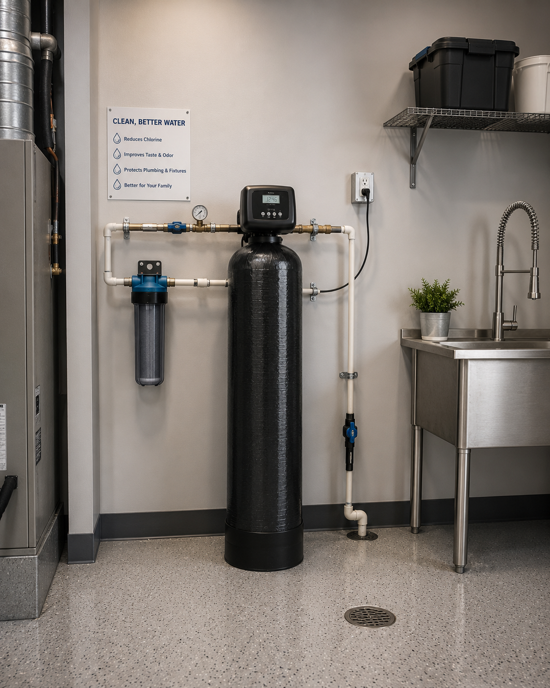 Whole-home carbon filtration tank with pre-filter plumbed in a utility room
