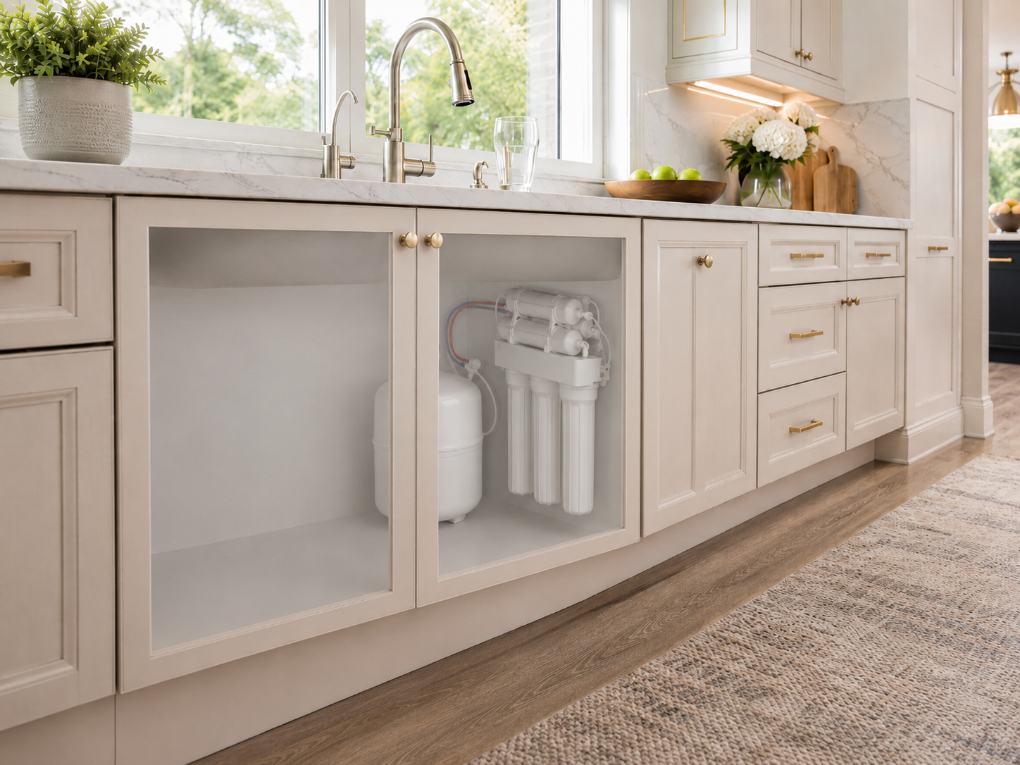 Under-sink reverse osmosis drinking water system installed in a bright modern kitchen