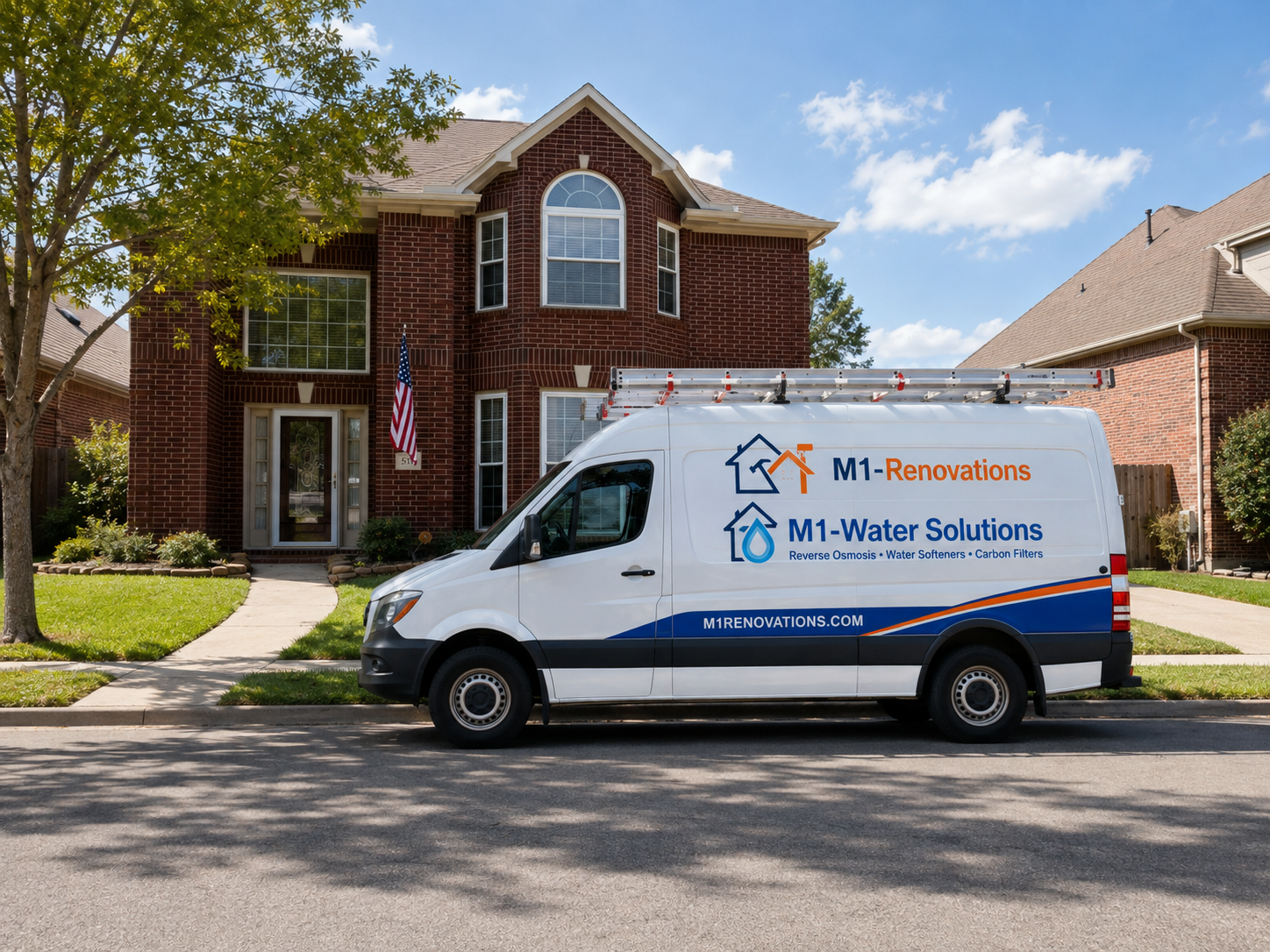 M1-Renovations and M1-Water Solutions service van at a suburban home