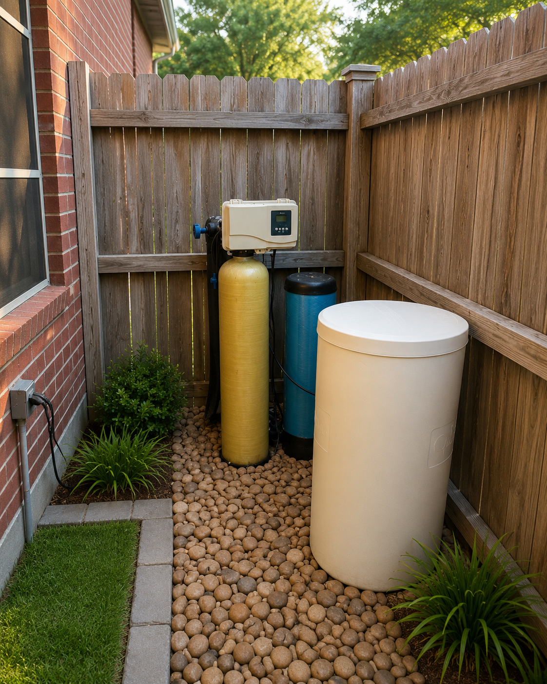 Existing water softener and brine tank installed outdoors beside a brick home