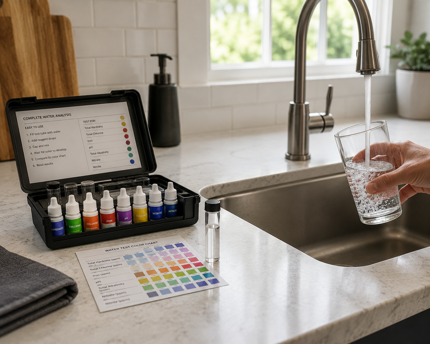 Home water test kit with color chart on a kitchen counter beside a glass of water