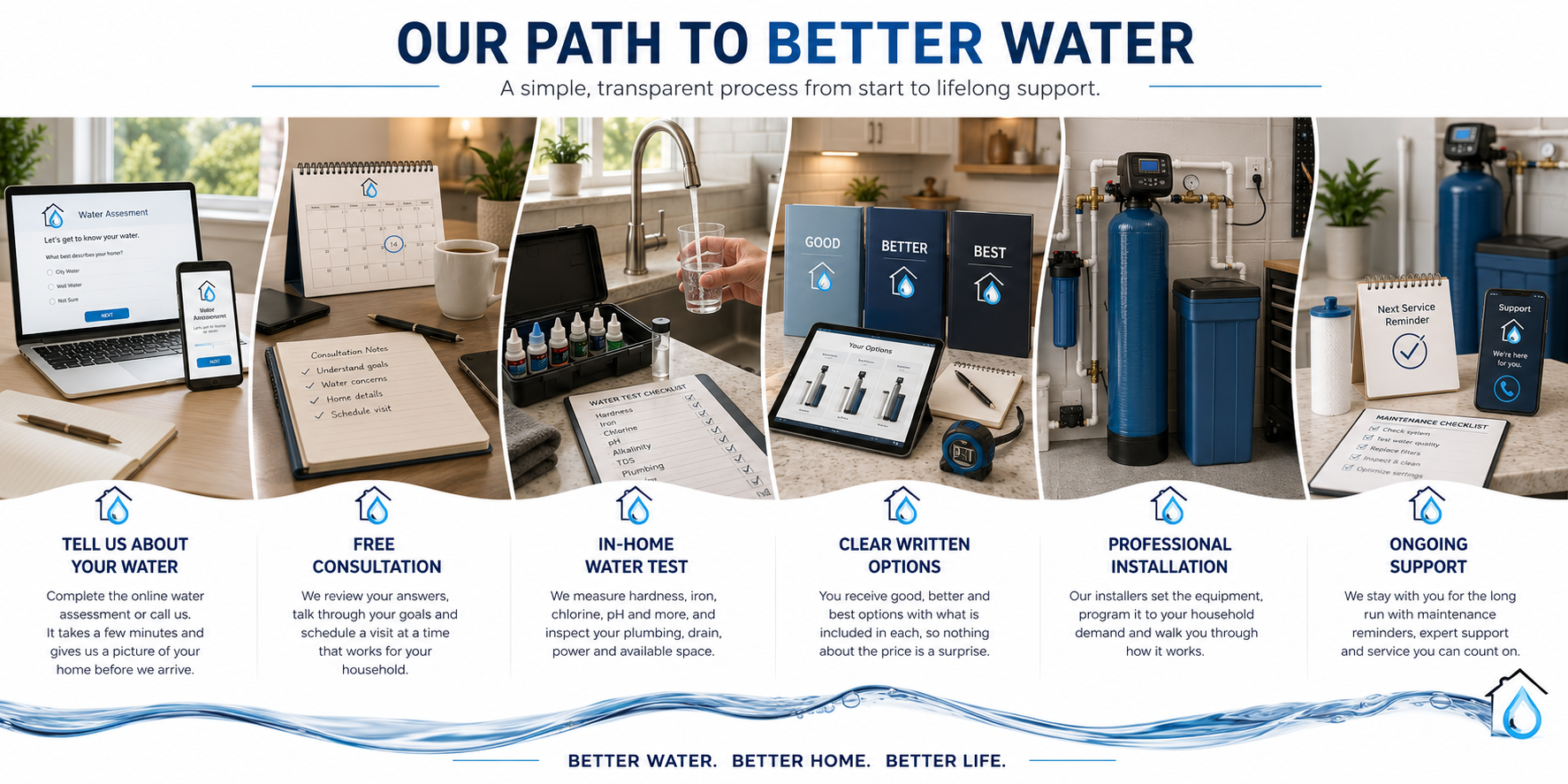 Our path to better water: tell us about your water, free consultation, in-home water test, clear written options, professional installation, and ongoing support