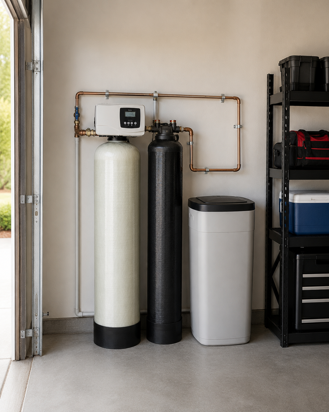 Combination system with softener tank, carbon tank and brine tank installed in a garage