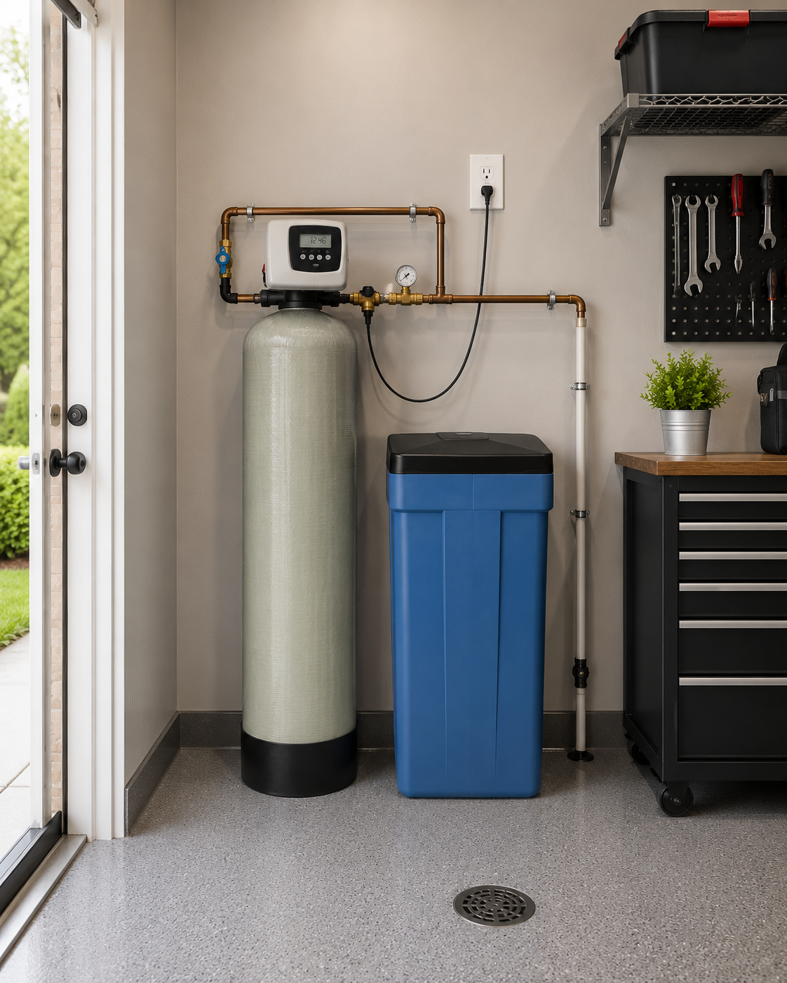 Water softener tank and blue brine tank installed in a clean residential garage