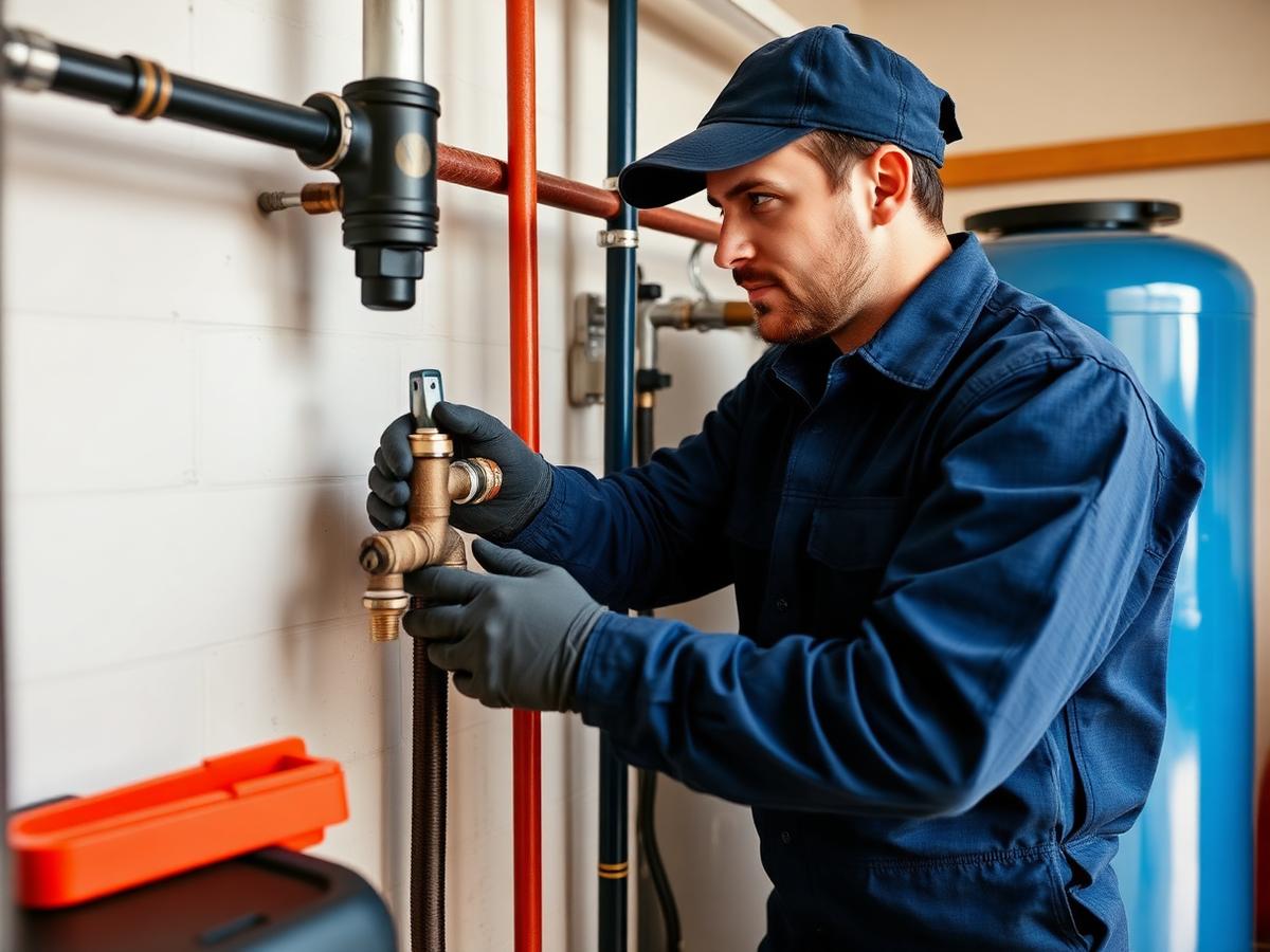 Installer fitting a whole-home water treatment system with tidy plumbing